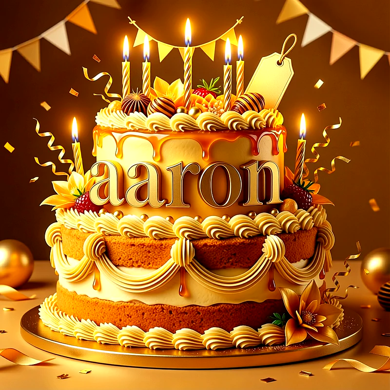 Tarta de cumpleaños de dos pisos con recubrimiento dorado, velas encendidas y el nombre Aaron en letras doradas al frente.