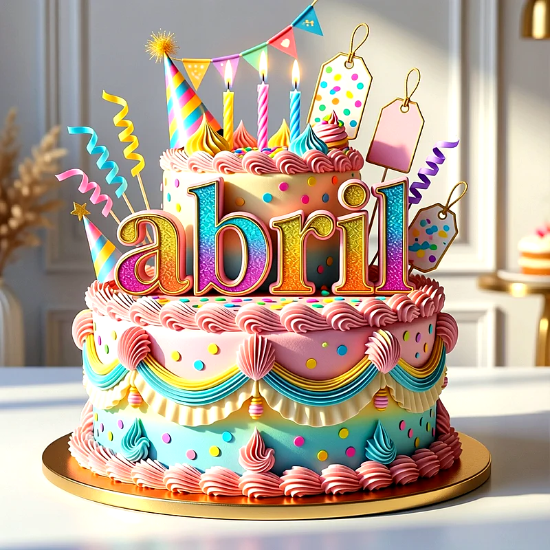 Tarta de dos pisos con colores pastel, velas encendidas y confeti, mostrando el nombre Abril en letras grandes y coloridas.