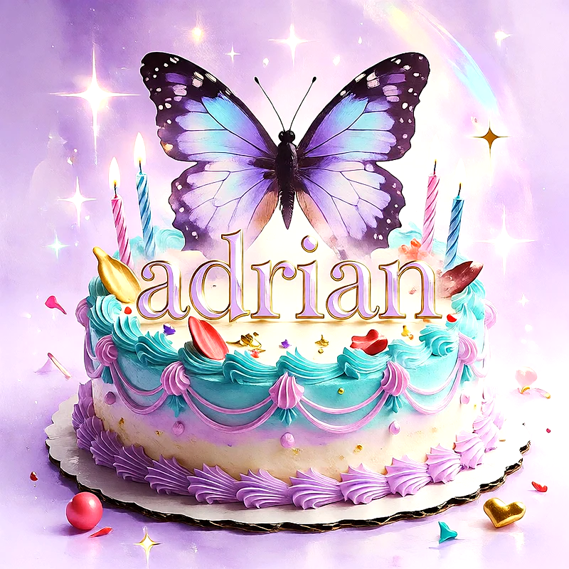 Tarta de cumpleaños lila y turquesa con una mariposa gigante, velas de colores y el nombre Adrian escrito en letras doradas brillantes sobre fondo mágico.