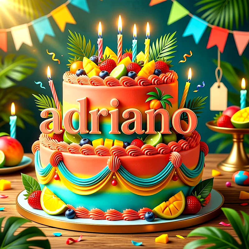 Tarta de cumpleaños infantil de dos pisos con frutas tropicales, velas encendidas y el nombre Adriano escrito al frente en letras anaranjadas.