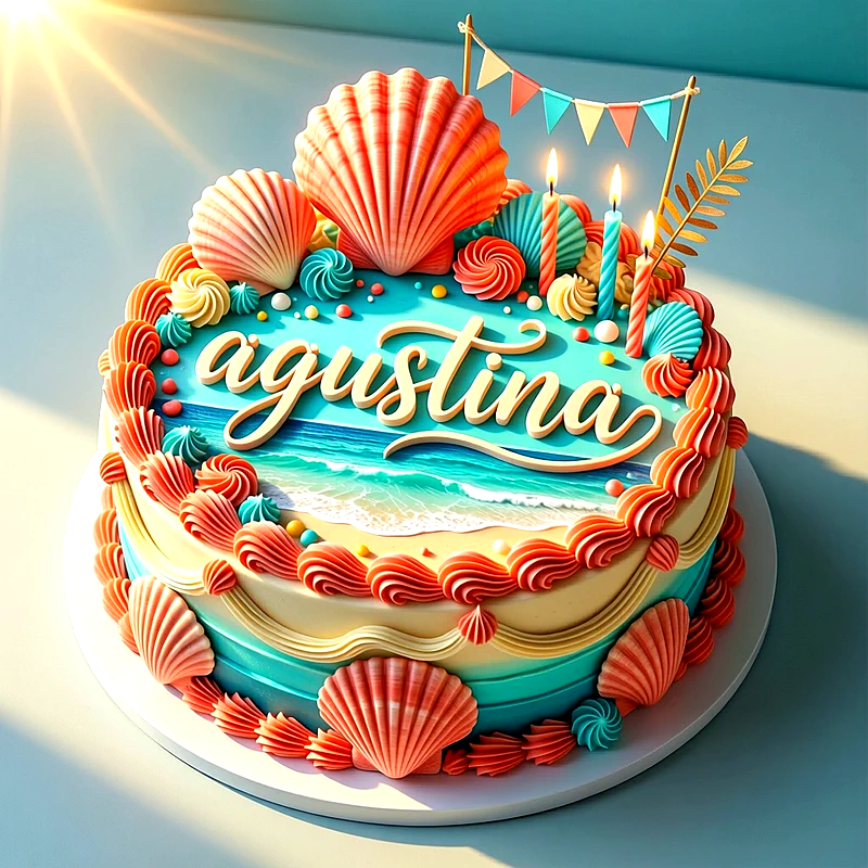 Tarta de cumpleaños marina en azul y coral con conchas marinas y velas encendidas, con el nombre Agustina escrito al frente.