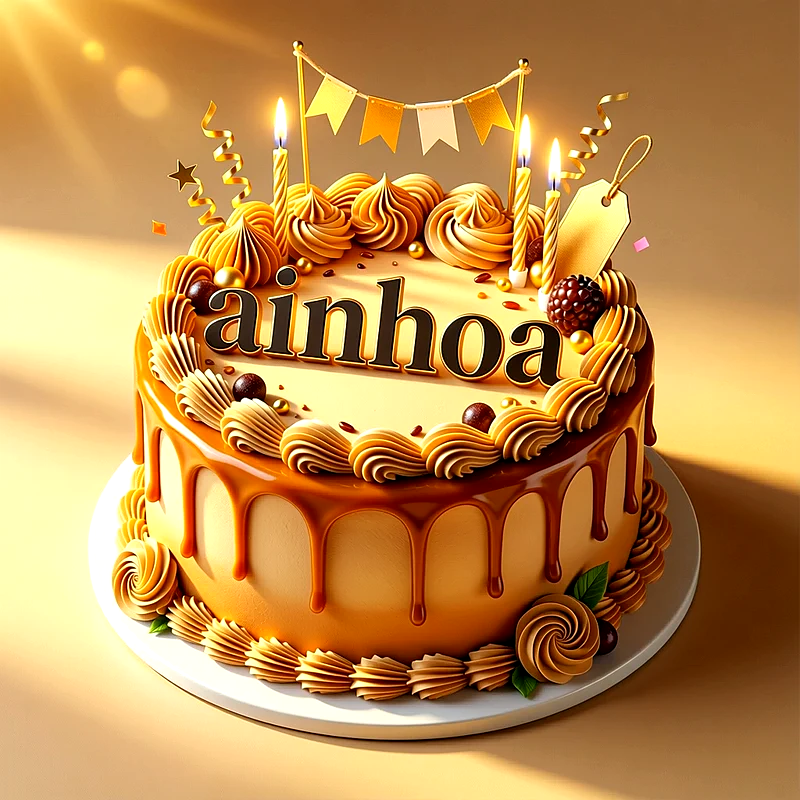 Tarta de cumpleaños dorada con cobertura de caramelo, velas encendidas, banderines y el nombre Ainhoa en letras negras.