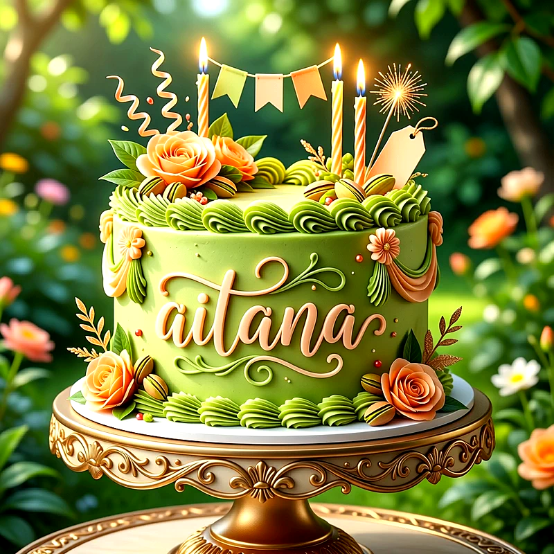 Tarta de cumpleaños de color verde limón decorada con flores de crema naranja, velas encendidas y banderines, con el nombre Aitana escrito en letras doradas sobre un pedestal.