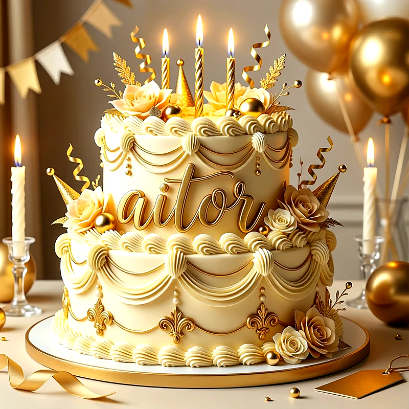 Tarta de cumpleaños de dos pisos de color crema y dorado, decorada con rosas y velas, con el nombre Aitor en letras doradas.