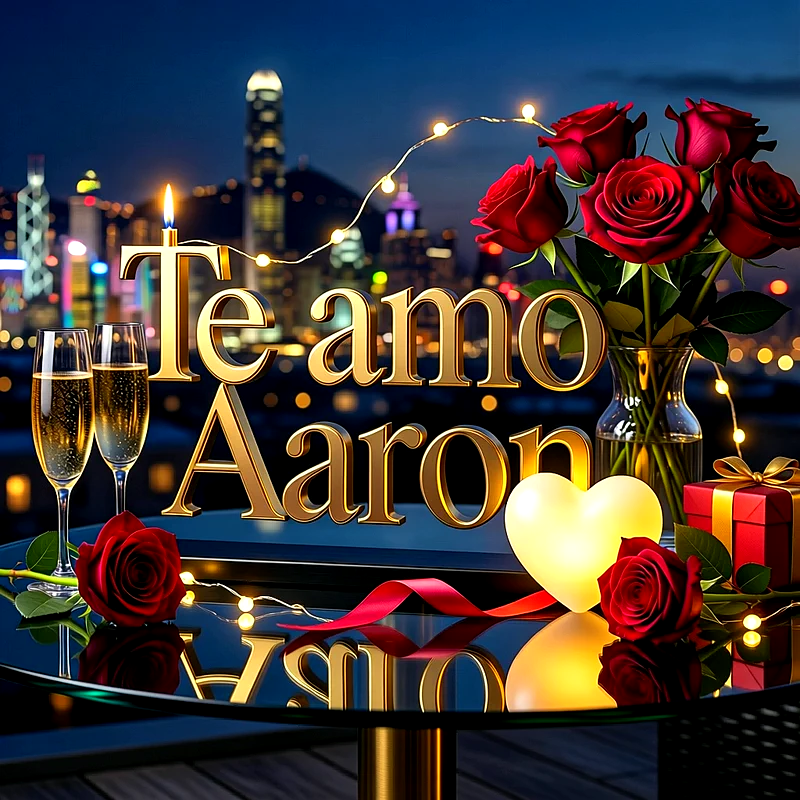 Imagen romántica con rosas rojas, luces y un corazón iluminado sobre una mesa frente a la ciudad, con el nombre Aaron en letras doradas.