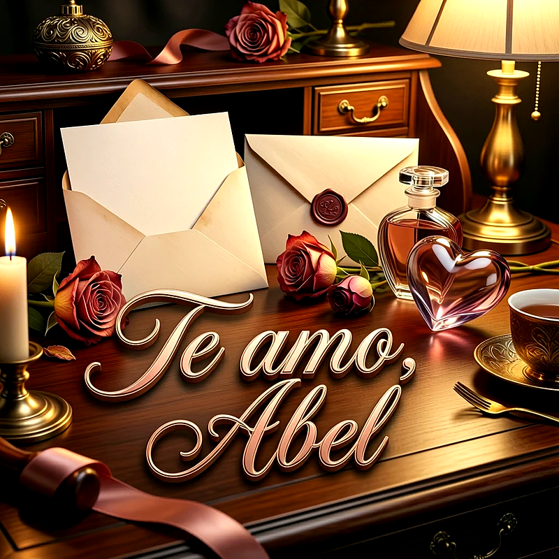 Imagen romántica en un escritorio de madera con cartas, rosas rojas, velas encendidas, un corazón de cristal y el nombre Abel escrito en letras elegantes.
