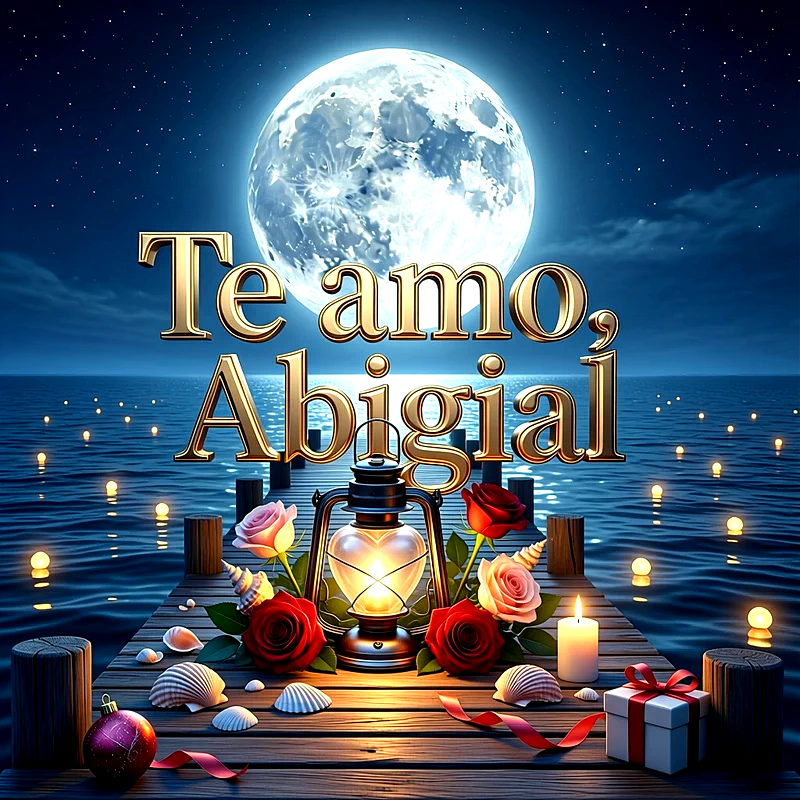 Imagen romántica de noche con una gran luna llena sobre el mar y un muelle decorado con rosas, velas y el nombre Abigail en letras doradas.