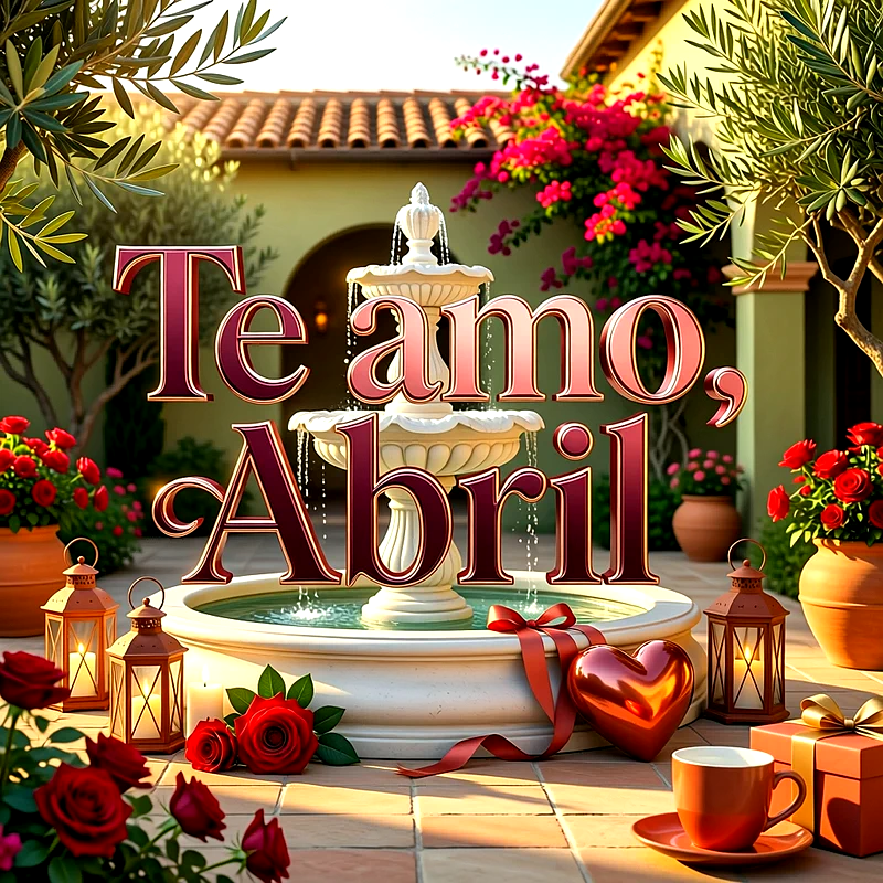 Imagen romántica con el nombre Abril y la frase Te amo frente a una hermosa fuente rodeada de rosas rojas, velas encendidas y un corazón.