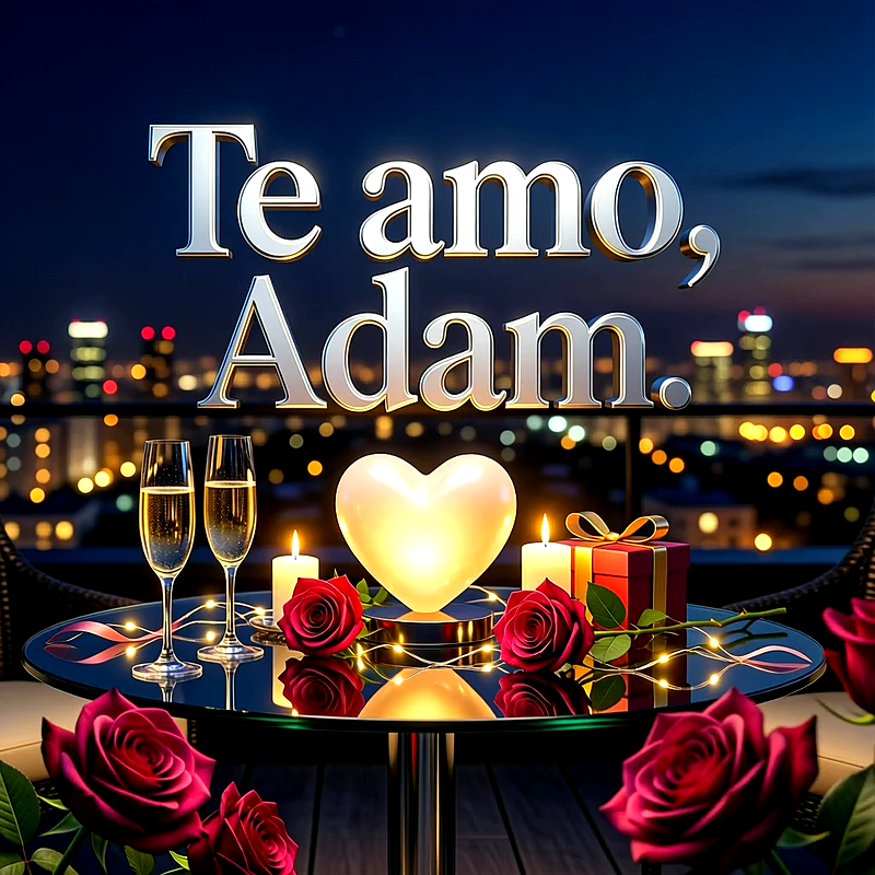 Imagen romántica sobre una mesa con rosas rojas, velas encendidas, una lámpara de corazón brillante y el texto Te amo Adam con luces de la ciudad al fondo.