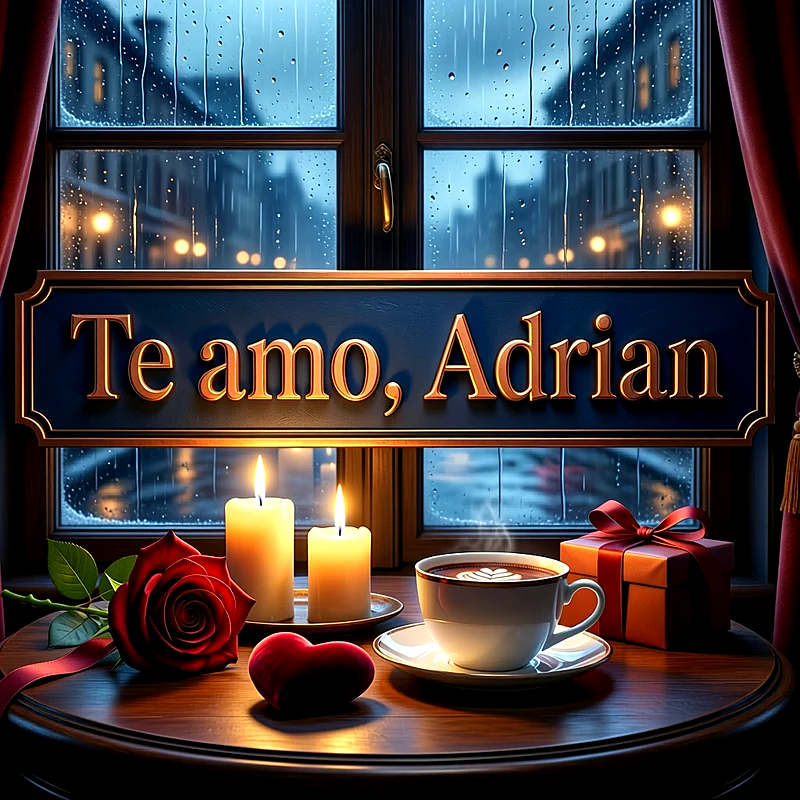 Imagen romántica junto a una ventana lluviosa con velas, café, una rosa roja y el cartel Te amo Adrian en letras doradas.
