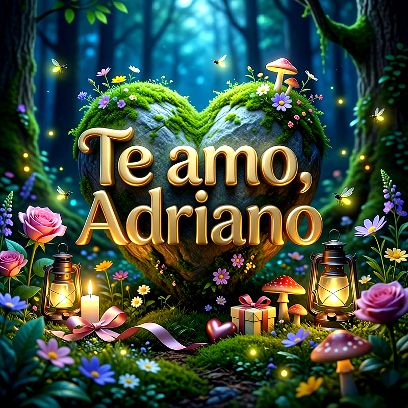Imagen romántica con corazón de piedra cubierto de musgo, flores, faroles y el texto Te amo Adriano en letras doradas.