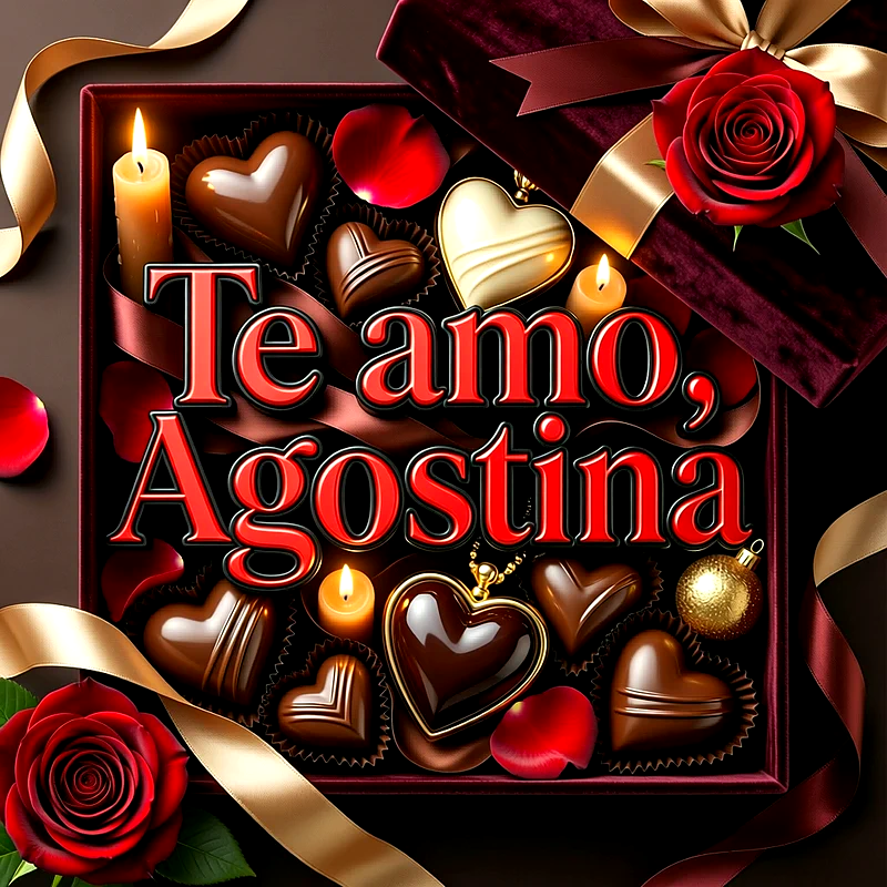 Imagen romántica con una caja de chocolates en forma de corazón, velas encendidas, rosas rojas y el nombre Agostina escrito en letras rojas elegantes.