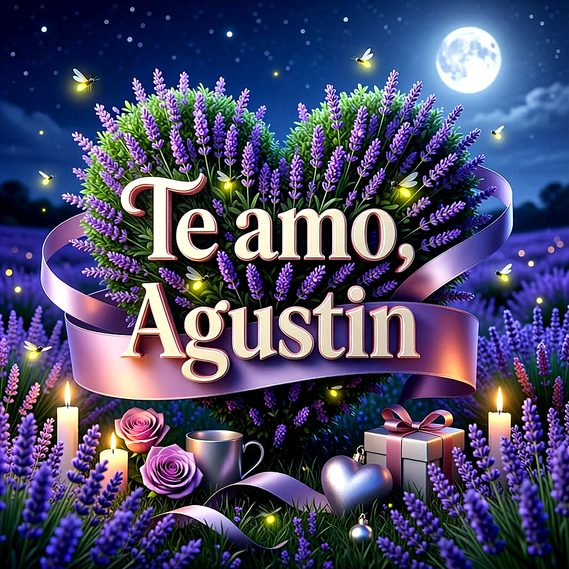 Imagen romántica con el nombre Agustin escrito en un lazo rosa frente a un corazón de flores moradas, con velas, rosas y luna llena.