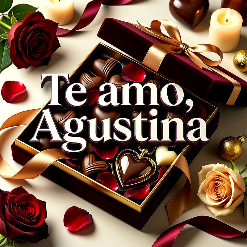 Imagen romántica con una caja de chocolates en forma de corazón, rosas rojas, velas encendidas y el nombre Agustina escrito con elegancia.