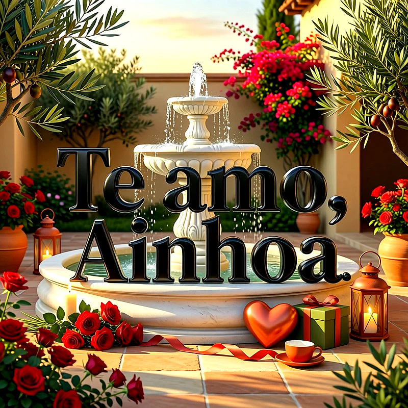 Imagen romántica en un patio soleado con fuente de agua, rosas rojas, faroles encendidos y el nombre Ainhoa en letras negras elegantes.