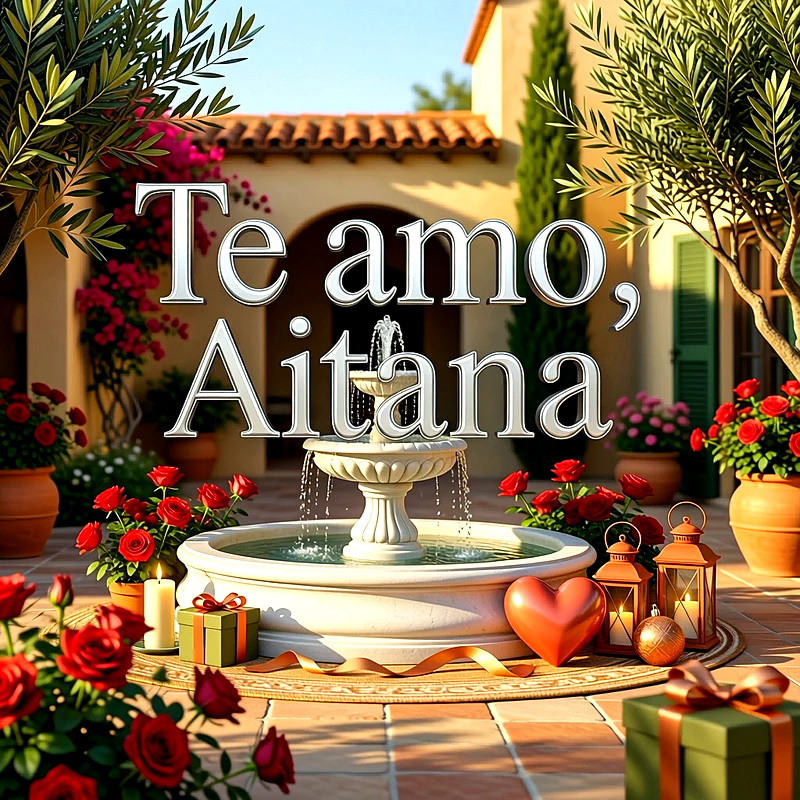 Imagen romántica de una fuente con rosas rojas, corazones y faroles, con el texto Te amo Aitana en letras blancas.