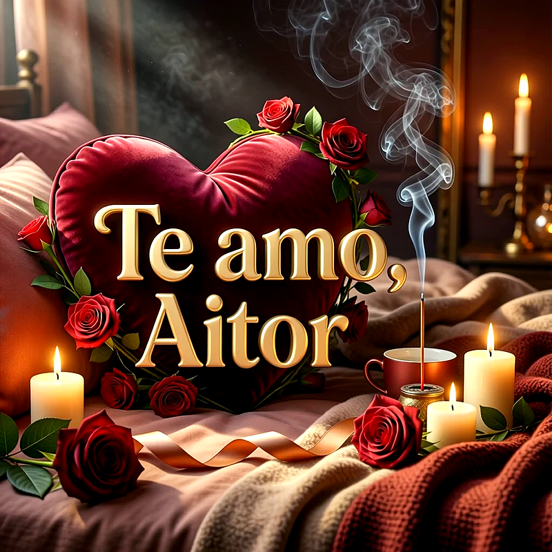 Imagen romántica con un cojín en forma de corazón rojo, rosas rojas y velas encendidas, con la frase Te amo Aitor escrita en letras doradas.