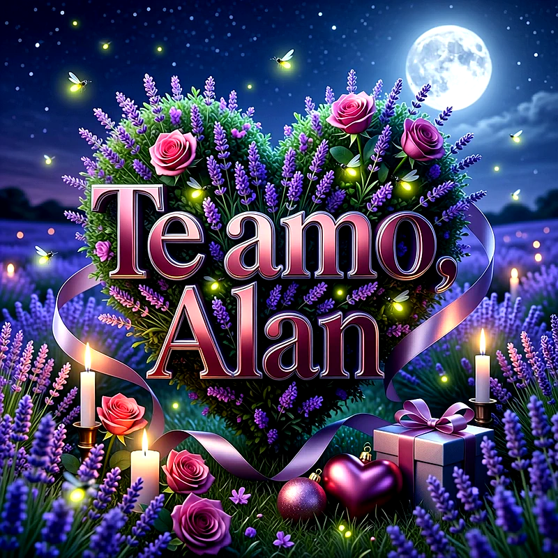 Imagen romántica con corazón de lavanda y rosas rosadas bajo la luna llena, con el nombre Alan escrito al centro con velas encendidas.