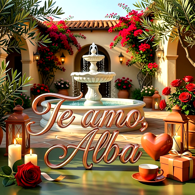 Imagen romántica en un patio con fuente de agua, rosas rojas, velas encendidas, corazones y el texto Te amo Alba escrito en letras elegantes.