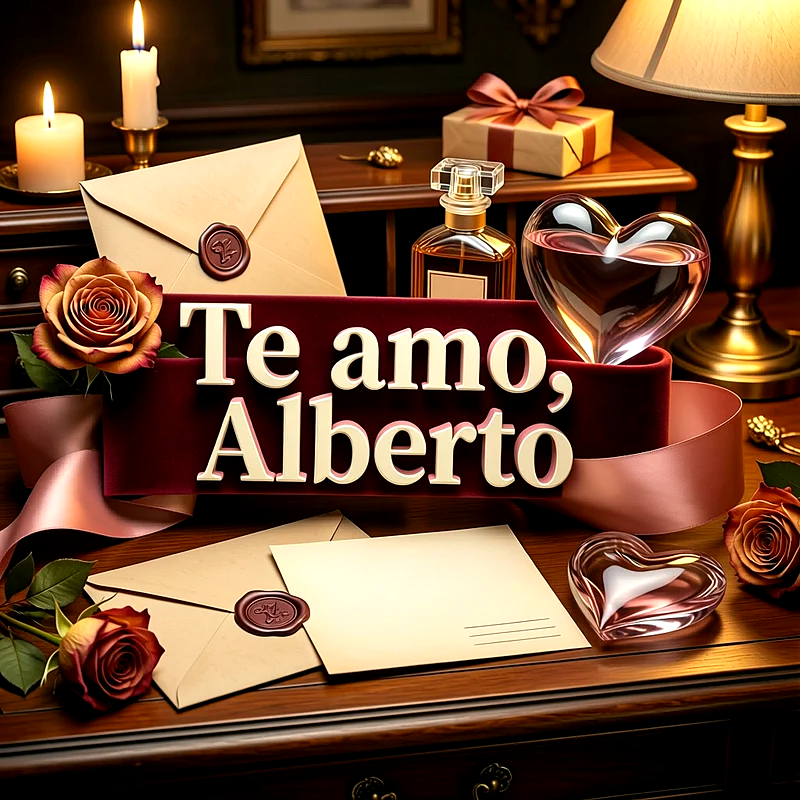 Imagen romántica con el nombre Alberto y la frase Te amo sobre un escritorio con rosas, cartas de amor, velas encendidas y corazones de cristal.