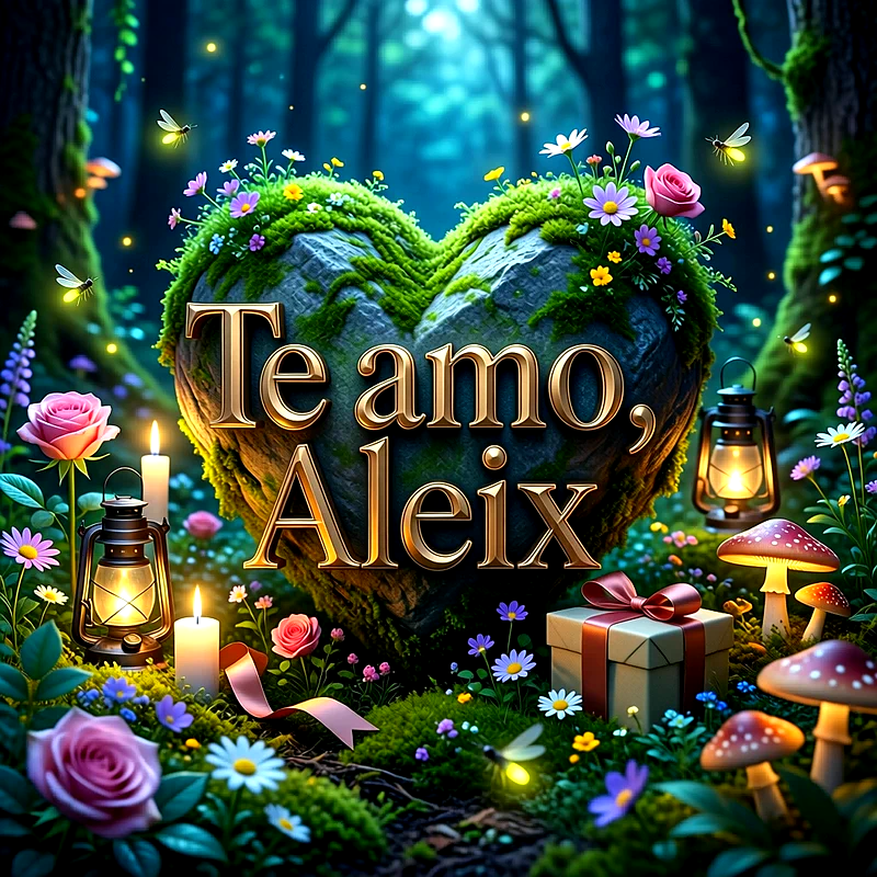 Imagen romántica en un bosque mágico con un corazón de piedra y musgo, flores, velas encendidas y el nombre Aleix escrito en letras doradas.