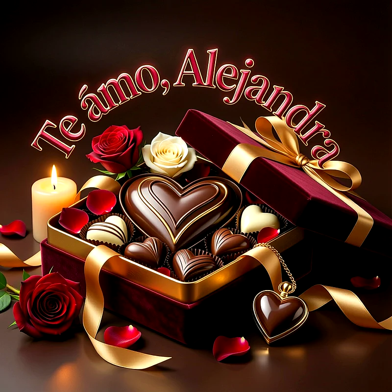 Imagen romántica con bombones de chocolate, rosas rojas, una vela encendida y la frase Te amo Alejandra en letras elegantes.