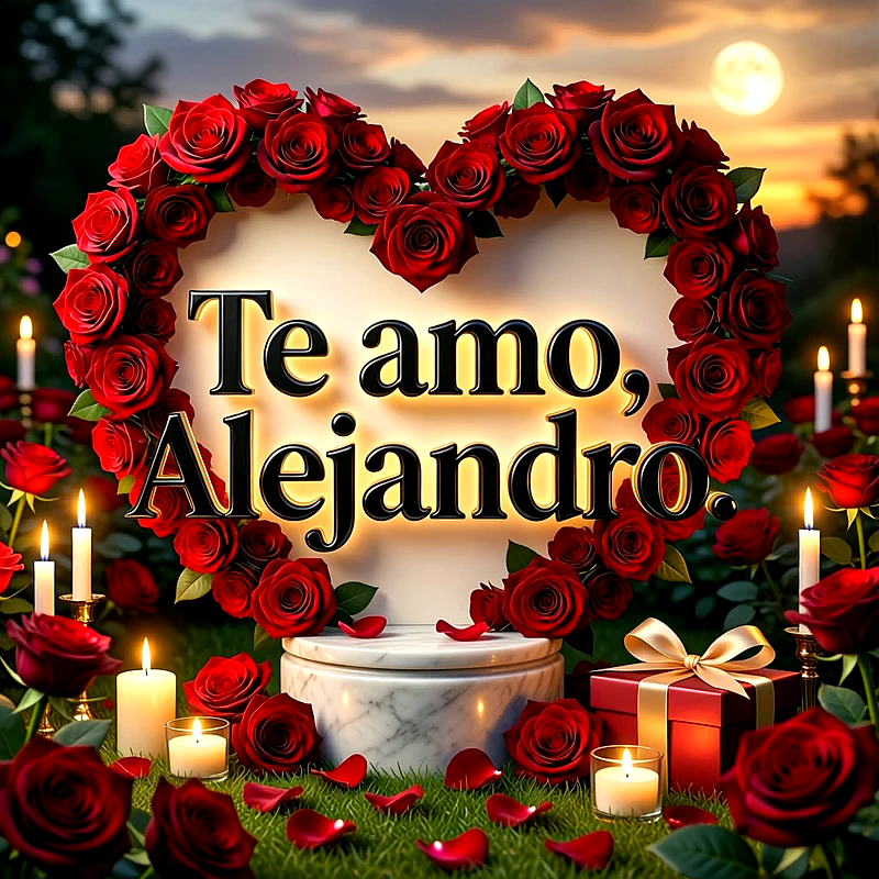 Imagen romántica con un gran corazón de rosas rojas, velas encendidas y un regalo al atardecer, con el mensaje Te amo Alejandro destacado.
