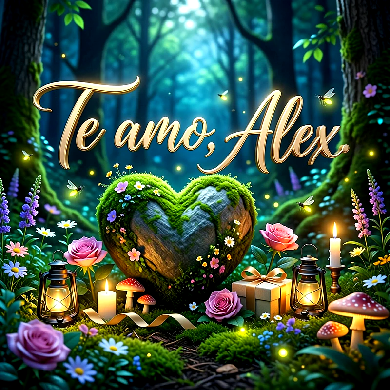 Imagen romántica en un bosque encantado con un corazón de musgo, flores, luces, velas y la frase Te amo Alex escrita en letras doradas.