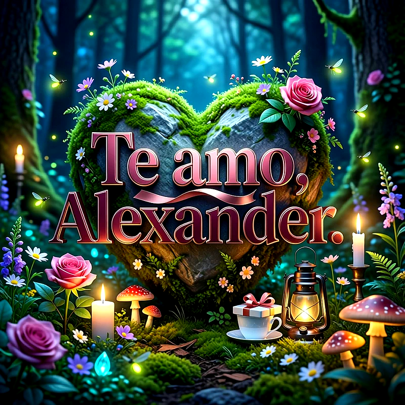 Imagen romántica con corazón de piedra cubierto de musgo, flores silvestres, velas y rosas, con la frase Te amo Alexander al centro.