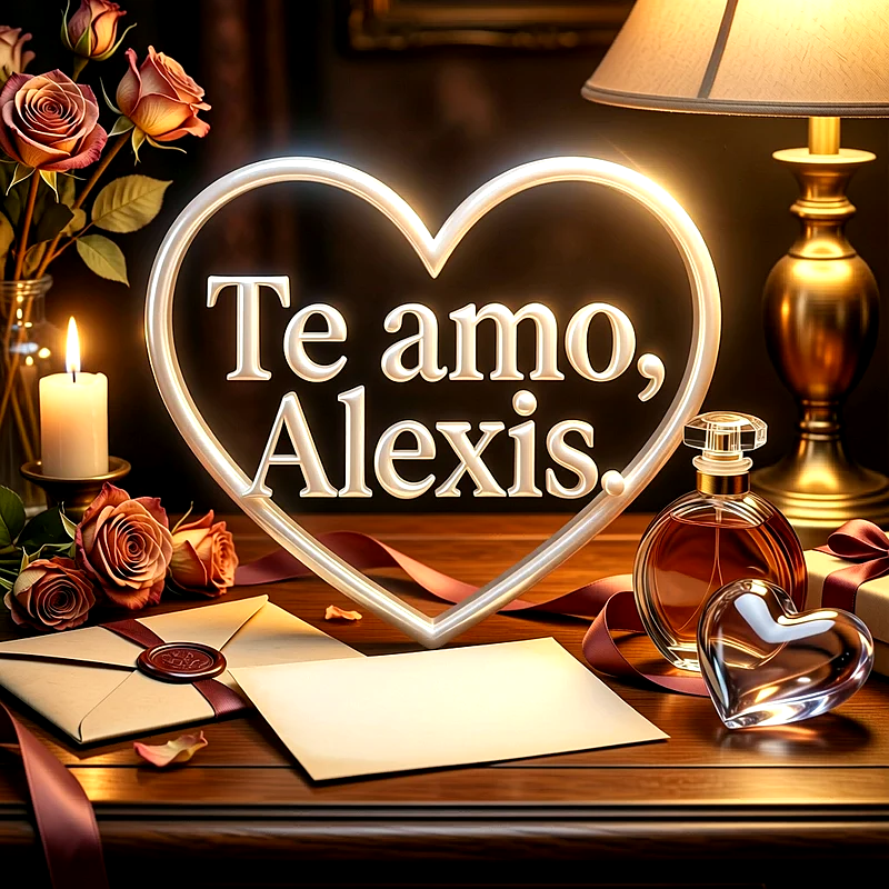 Imagen romántica con marco de corazón luminoso, rosas, velas y cartas de amor sobre madera con el nombre Alexis escrito en el centro.