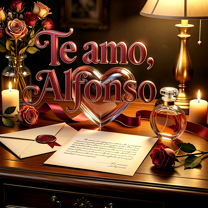Imagen romántica con velas encendidas, cartas de amor, rosas rojas y un corazón de cristal con el nombre Alfonso escrito.