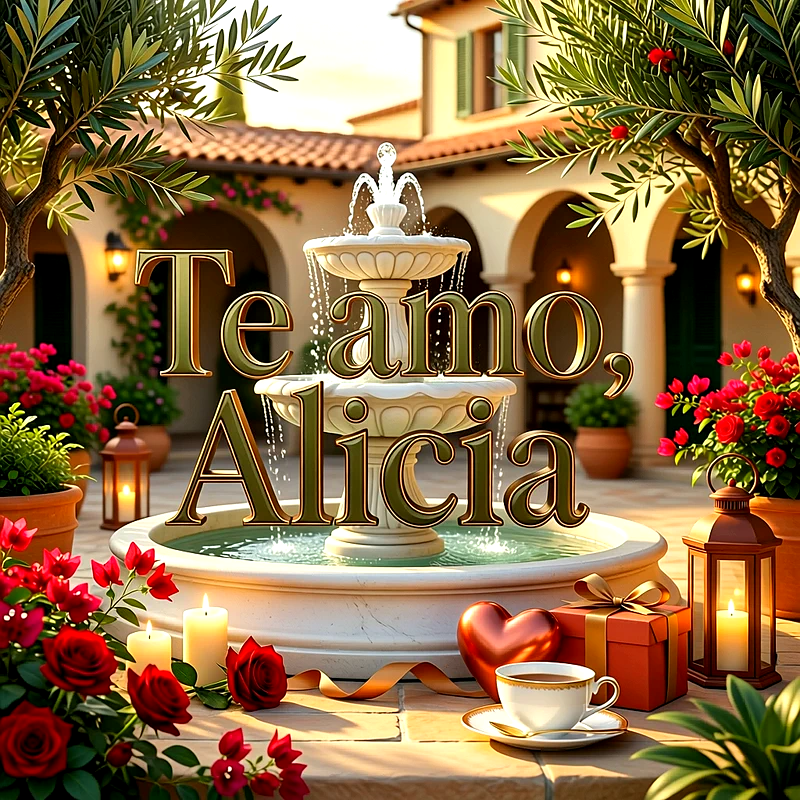 Imagen romántica en un patio mediterráneo con una fuente de agua, rosas rojas, velas y la frase Te amo Alicia en letras doradas.