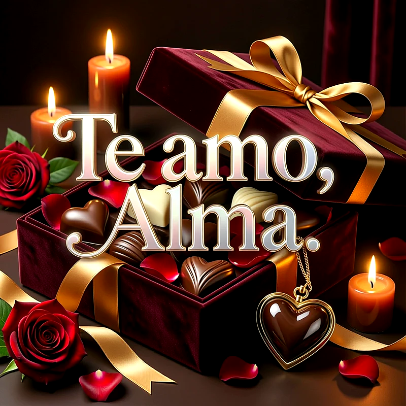 Imagen romántica con caja de chocolates, rosas rojas, velas encendidas y pétalos, con la frase Te amo Alma escrita en letras claras.
