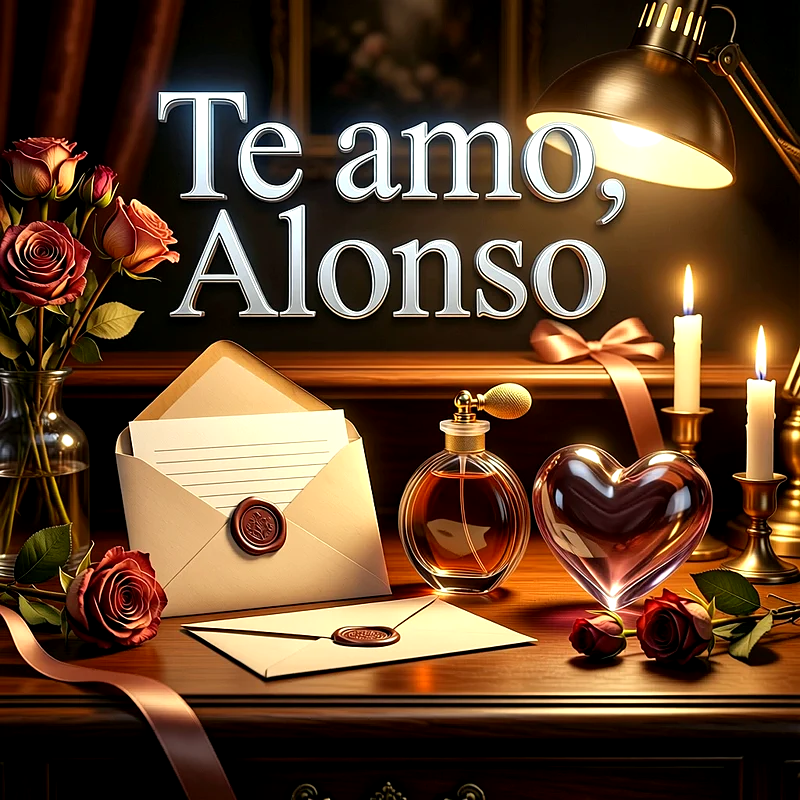 Imagen romántica con cartas de amor, rosas rojas, velas y corazón de cristal con el texto Te amo Alonso.