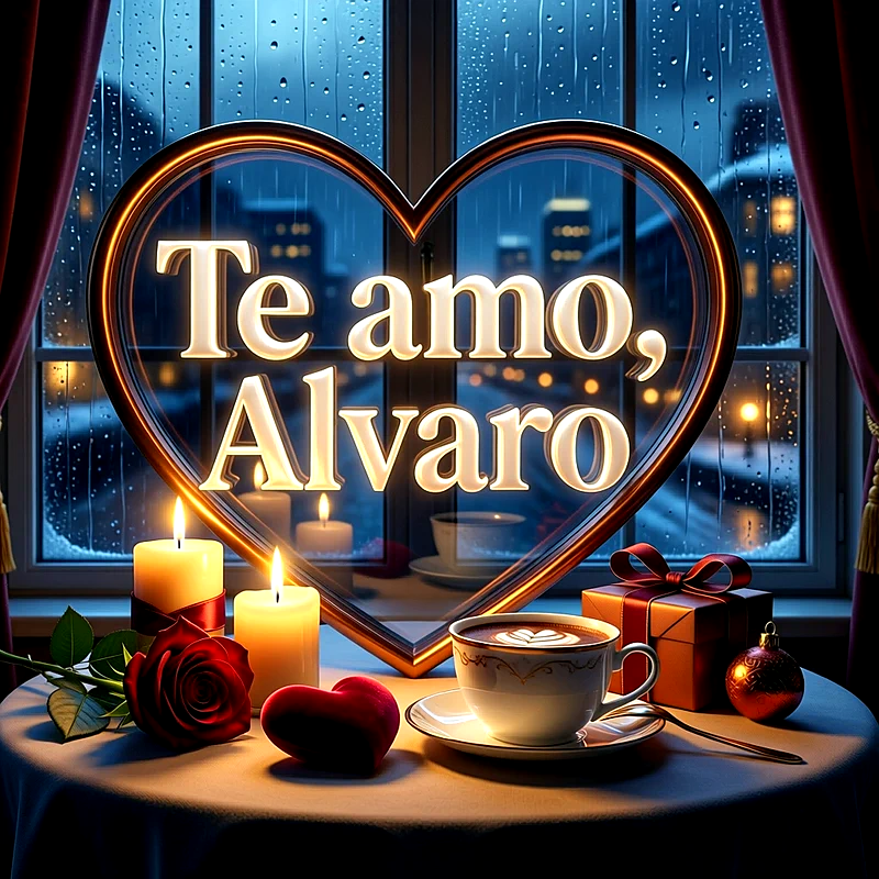 Imagen romántica frente a una ventana lluviosa con velas encendidas, una rosa roja y la frase Te amo Alvaro en marco de corazón.