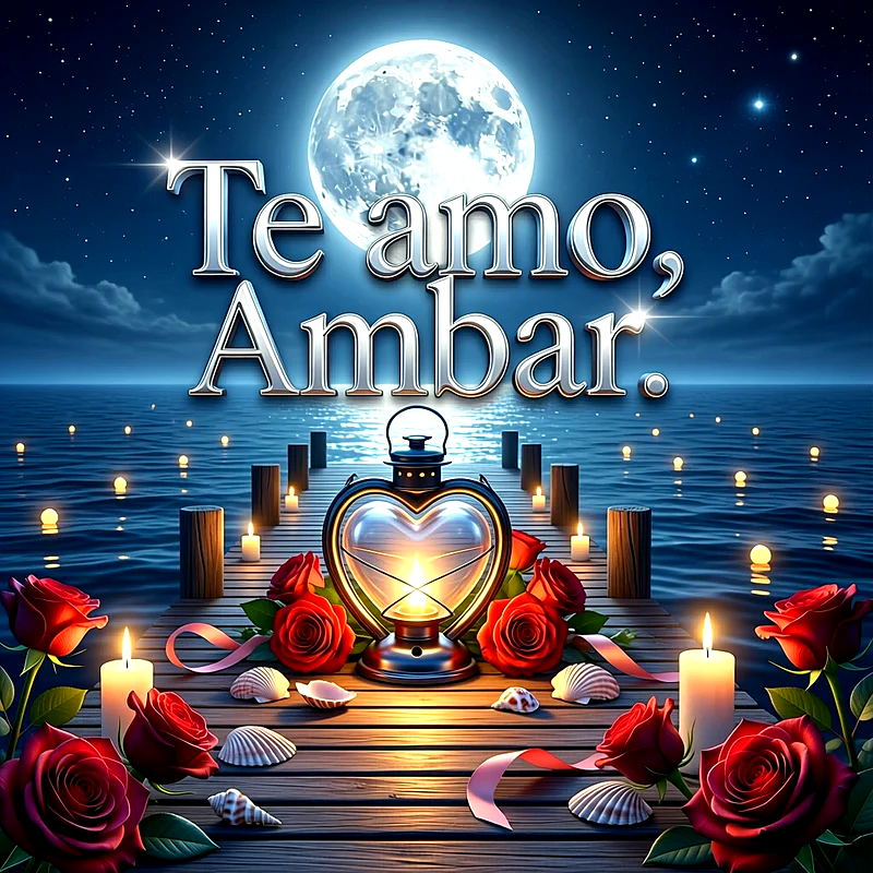 Imagen romántica en un muelle nocturno con luna llena, rosas rojas, velas encendidas y el mensaje Te amo Ambar escrito.