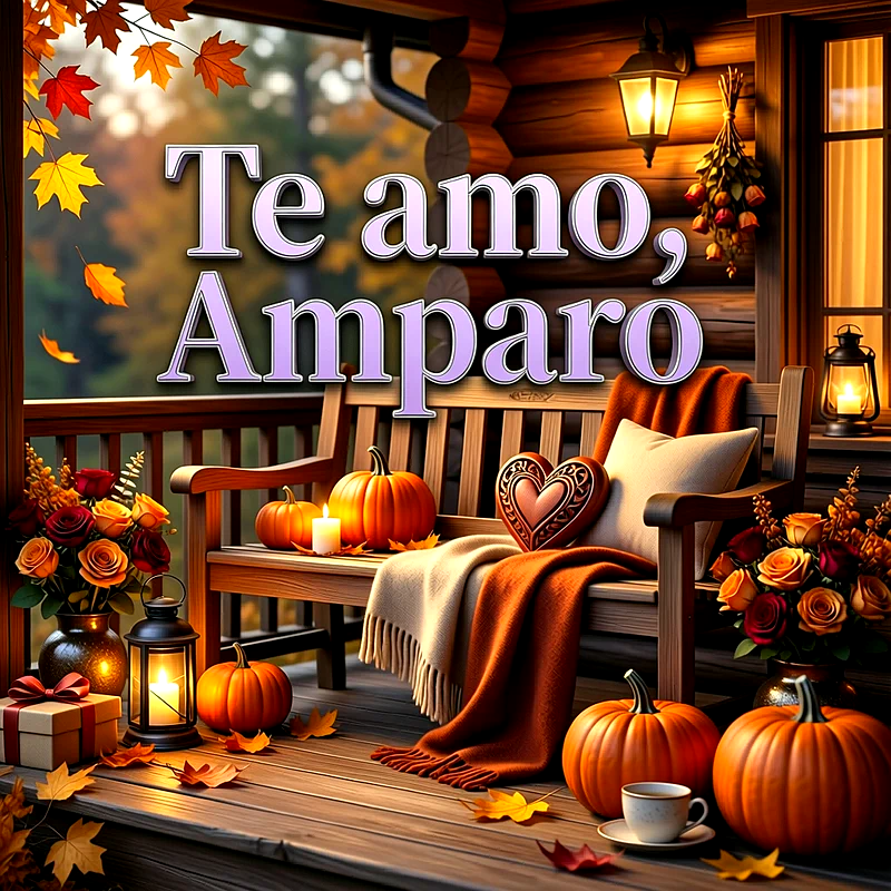 Imagen romántica en un balcón de madera con calabazas, faroles encendidos, rosas y un cojín de corazón, con el texto Te amo Amparo.