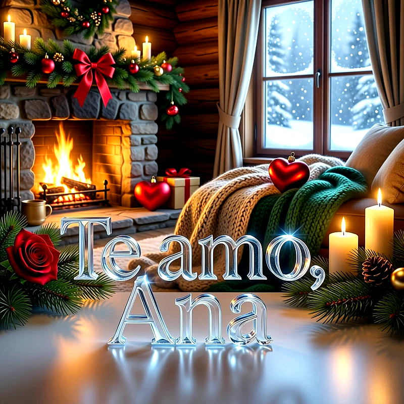 Imagen romántica con chimenea, velas y corazones donde destaca la frase Te amo, Ana en letras plateadas brillantes.