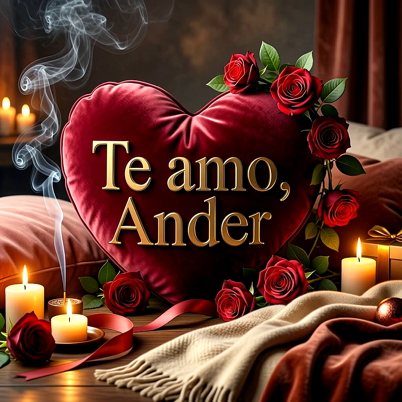 Cojín de terciopelo rojo en forma de corazón rodeado de rosas rojas y velas encendidas, con la frase Te amo, Ander en letras doradas.