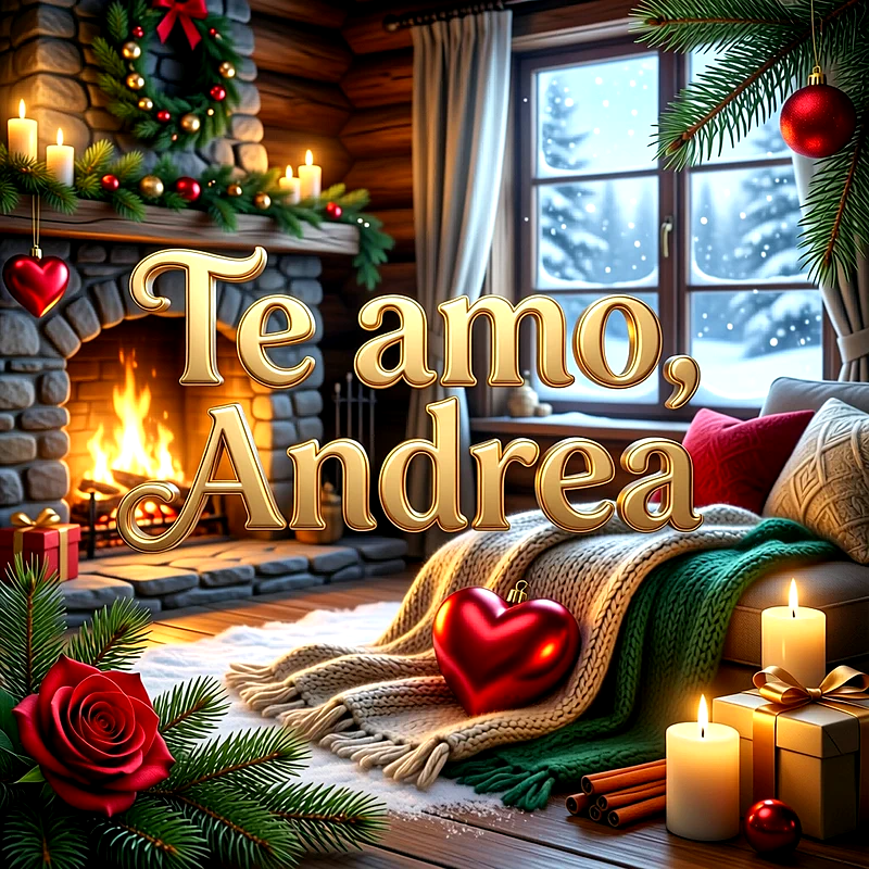 Imagen romántica junto a una chimenea cálida con velas, rosas rojas y corazones, con la frase Te amo Andrea en letras doradas.
