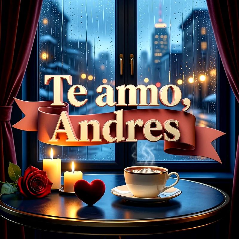 Imagen romántica con el nombre Andres en cinta roja junto a rosas rojas, velas encendidas, café y ventana lluviosa.