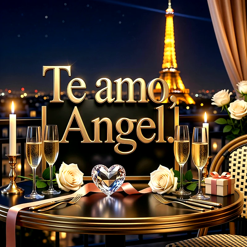 Imagen romántica con velas encendidas, rosas blancas y la Torre Eiffel iluminada de fondo, con la frase Te amo Angel en letras doradas.