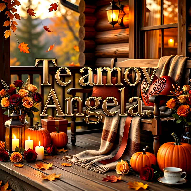 Imagen romántica en un porche cálido con velas encendidas, flores, hojas de otoño y el texto Te amo Angela en letras doradas.