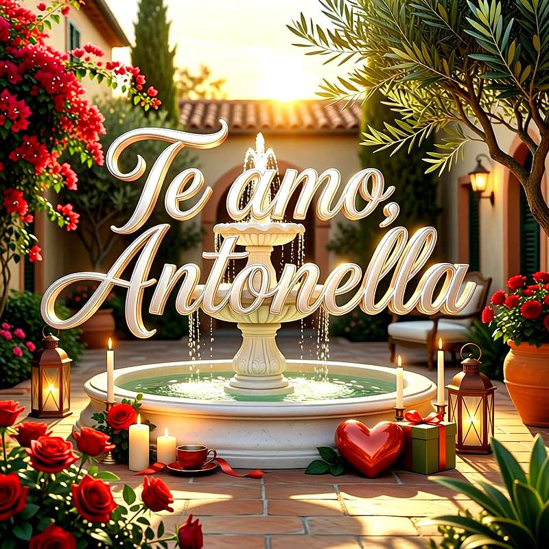 Imagen romántica en un patio al atardecer con fuente, velas, rosas rojas y la frase Te amo Antonella en letras elegantes.