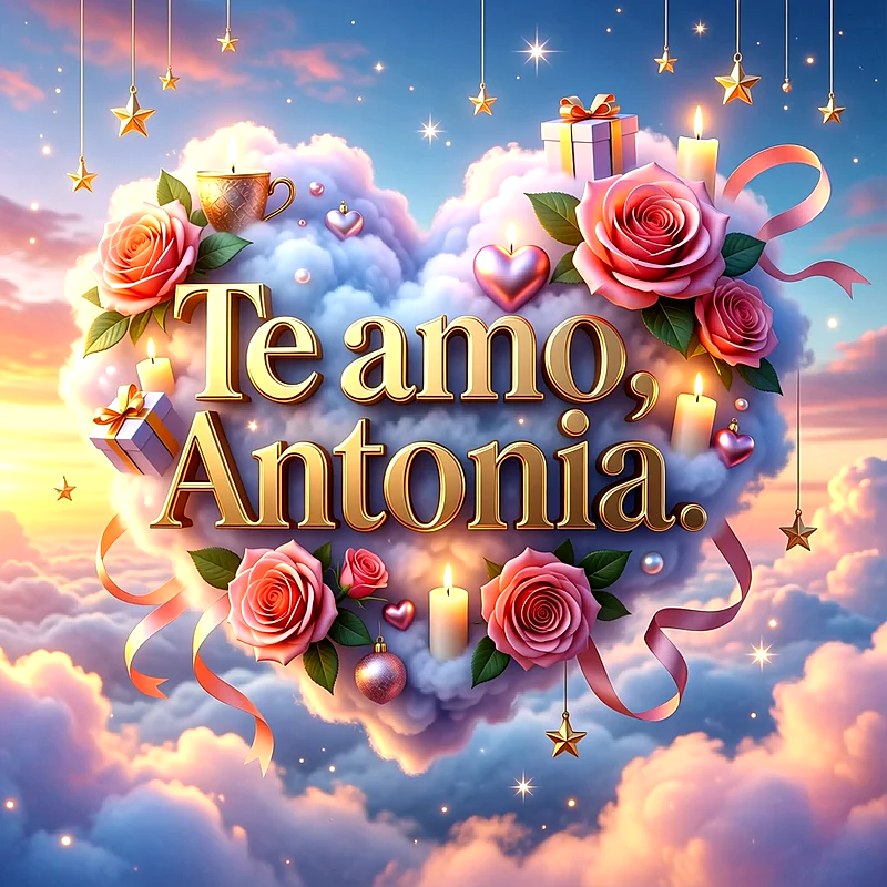 Imagen romántica en las nubes con el nombre Antonia, hermosas rosas rosadas, velas encendidas y estrellas sobre fondo celestial.