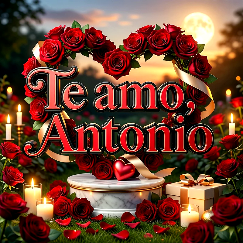 Imagen romántica con el texto Te amo Antonio enmarcado en un corazón de rosas rojas con velas encendidas al atardecer.