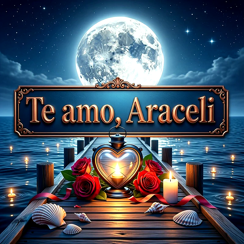 Imagen romántica en un muelle nocturno con luna llena, velas, rosas rojas y un letrero con la frase Te amo, Araceli.