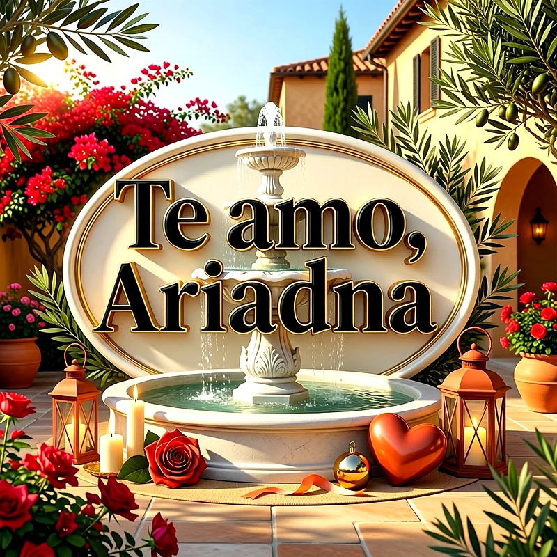 Imagen romántica en una fuente de piedra con flores rojas, velas encendidas, un corazón y el texto Te amo Ariadna sobre un fondo claro.
