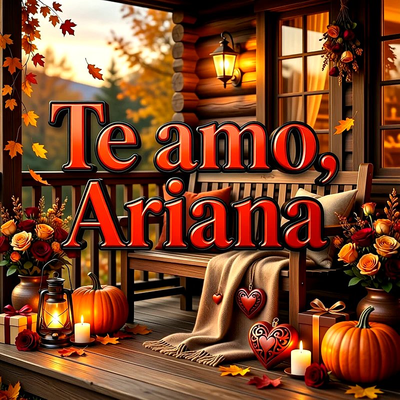 Imagen romántica en un porche otoñal con flores, calabazas y velas encendidas, donde se lee el texto Te amo Ariana en letras rojas.