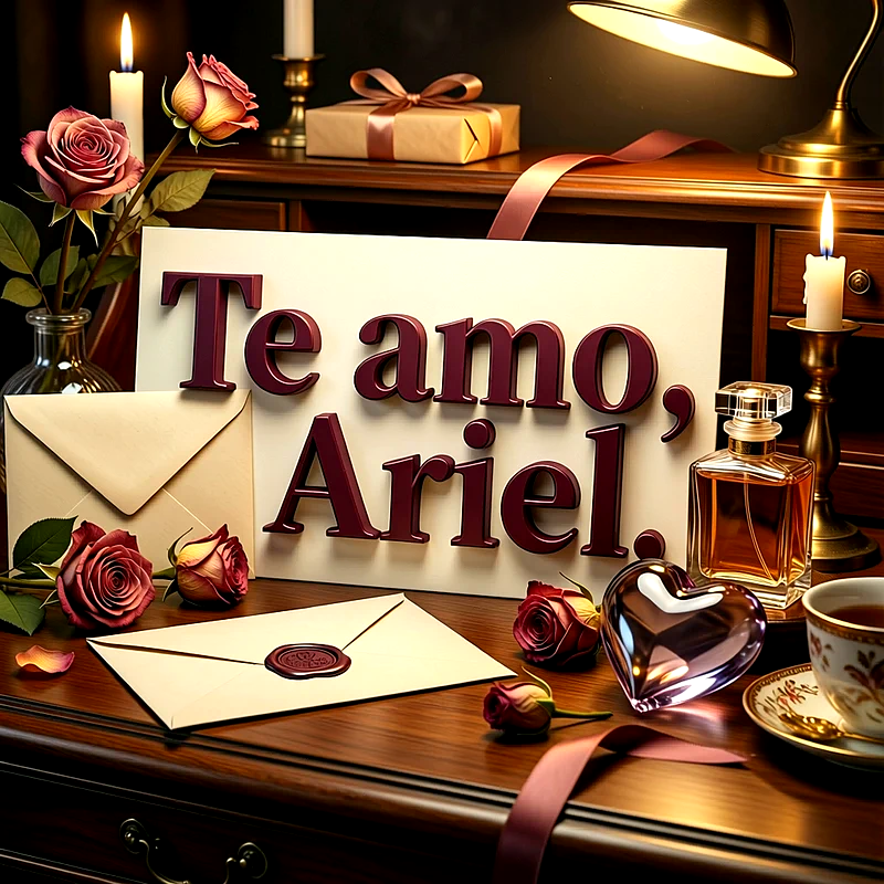 Imagen romántica sobre un escritorio de madera con rosas rojas, velas encendidas, sobres y un letrero que dice Te amo Ariel en letras oscuras.